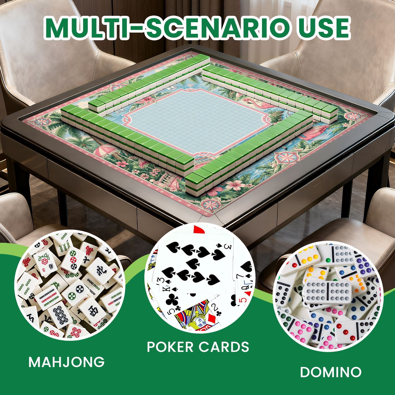 Mahjong Mat 31.5" x 31.5" Tropical Flamingo Palm Tree Pastel Pink Blue Accents Non-Slip Noise Reduction Mahjong Tiles Table Cover for Dominoes Poker Card Board and Tile Games