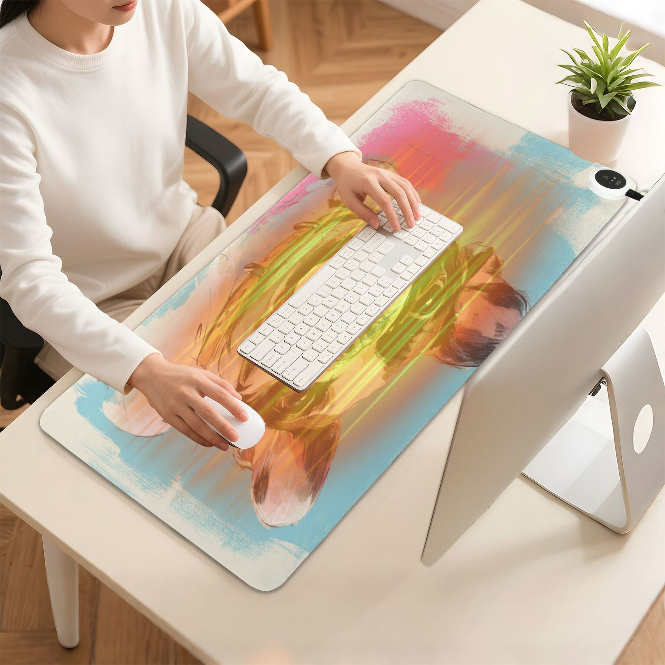 Large Heated Desk Mat Mouse Pad 31.5"x13"PU Leather Graphene Heating Desk Warmer with 3 Temperature Settings 110V US Plug Non-Slip Warm Pad for Home, Office, and Gaming Happy Frenchie Pop Portrait
