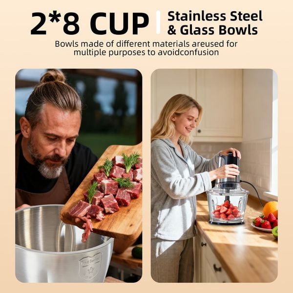Food Processor Electric Meat Grinder Vegetable Chopper with Dual Bowls, 2L Multifunctional Electric Food Chopper for Meat, Vegetables, Garlic, Onion, Fruit, Nuts