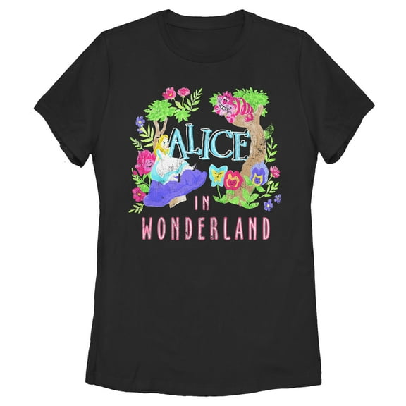 Women's Alice in Wonderland Distressed Tulgey Wood Crew Graphic Tee Black Medium