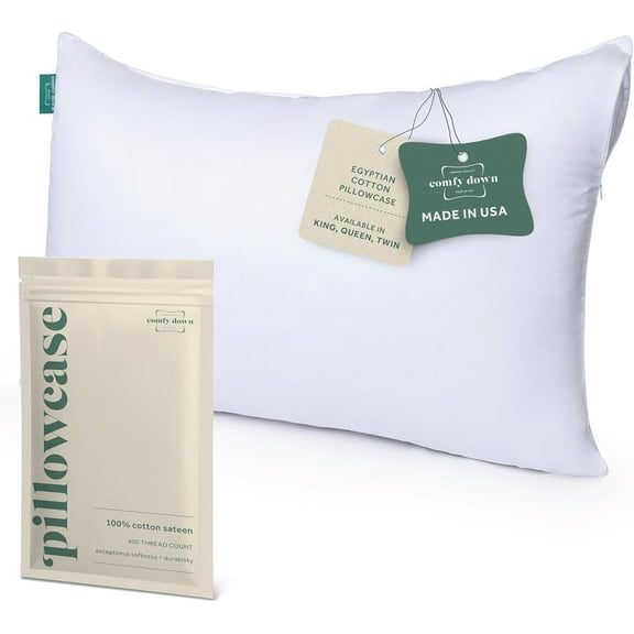 ComfyDown Pillowcase for Twin Size Pillow, Breathable, 100% Cotton, 400-Thread Count, Zipper Closure - Made in USA - (Twin) 20" x 26"