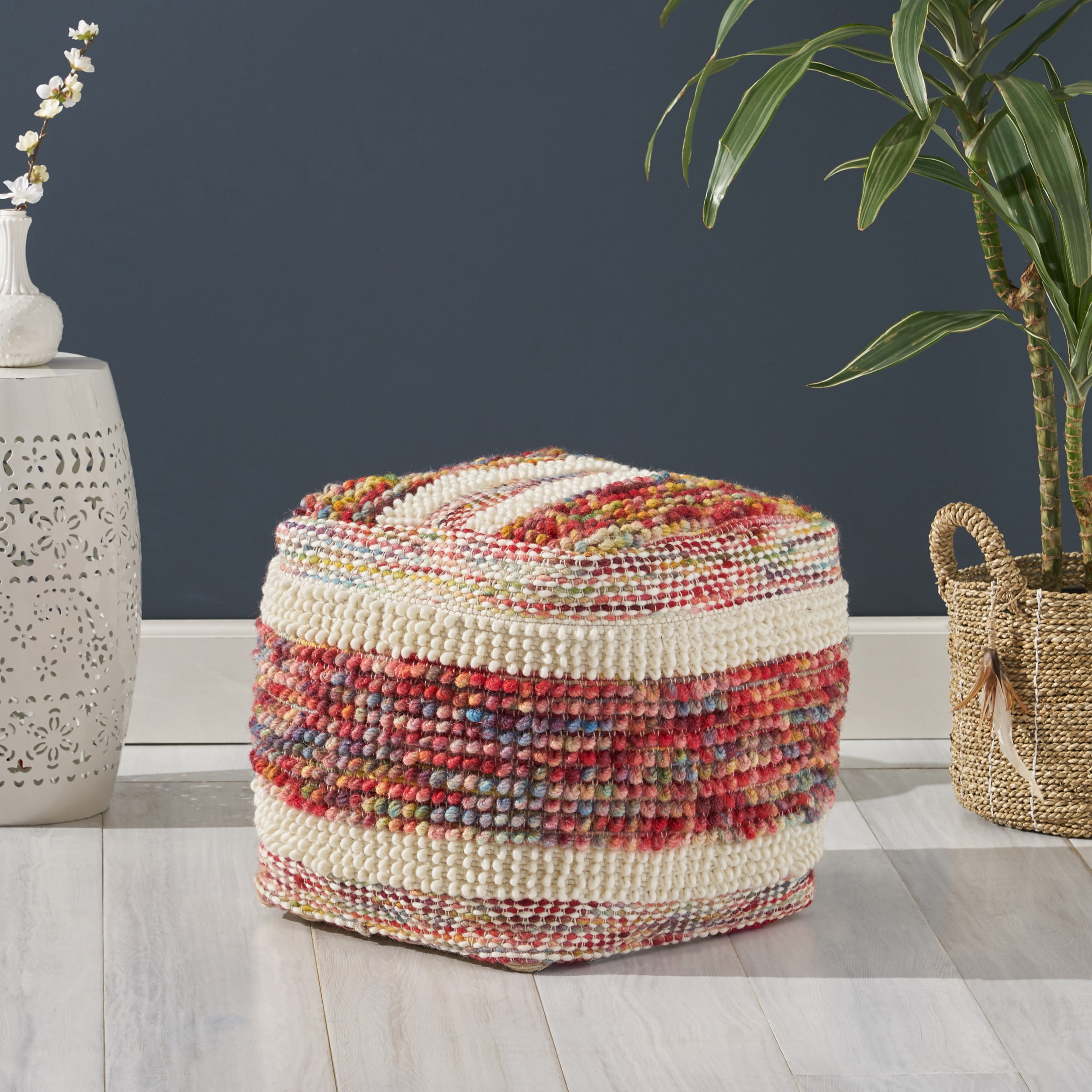 Noble House Levi Boho Wool and Cotton Ottoman Pouf, Multicolor, White