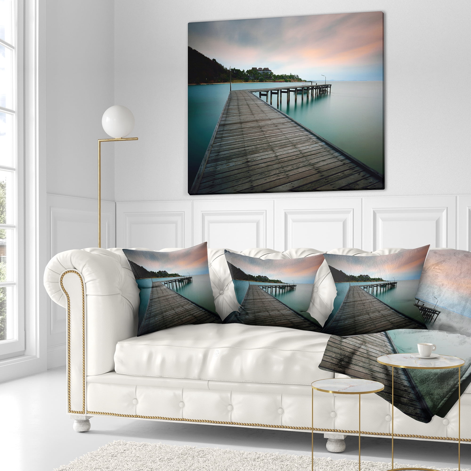 Designart Wooden Bridge into Blue Sea - Modern Throw Pillow - 18x18