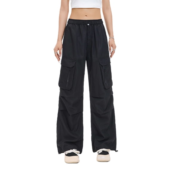 XFLWAM Women's Parachute Pants Drawstring Elastic Waist Waist Ruched Cargo Pants Streetwear Casual Baggy Wide Leg Joggers with Pockets