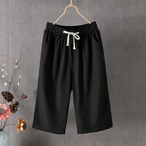CLOISE Women's Capris with Pockets Stretch Wide Leg Pants Elastic Waisted Palazzo Pants Cotton Summer Casual Fashion Solid Loose Lightweight Cropped Flowy Trousers Black XL