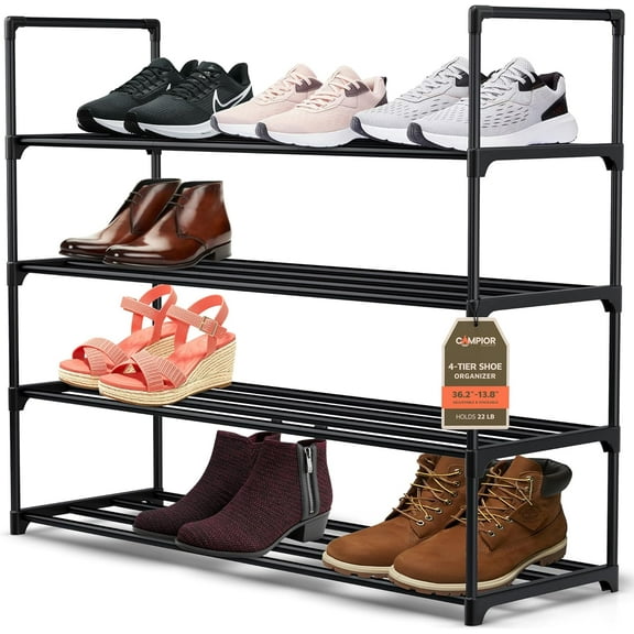 Black 4 Tier Shoe Rack, 36" Large Shoe Shelf Holds 15 Pairs of Shoes, Heavy Duty Shoe Rack for Entryway, Bedroom, Closet, Up to 22 lb Weight Capacity, Space-Saving and Easy to Assemble