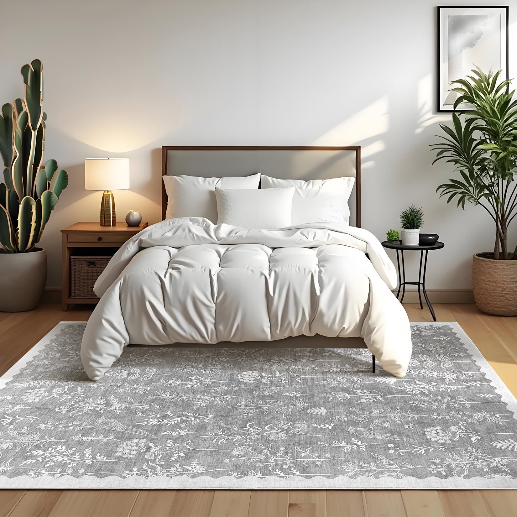 FairOnly Light Grey 8'x10'Low Pile Mordern Flower Printed Area Rug for Bedroom Kid's Room Non Slip Ultra Thin & Soft Rugs for Kitchen