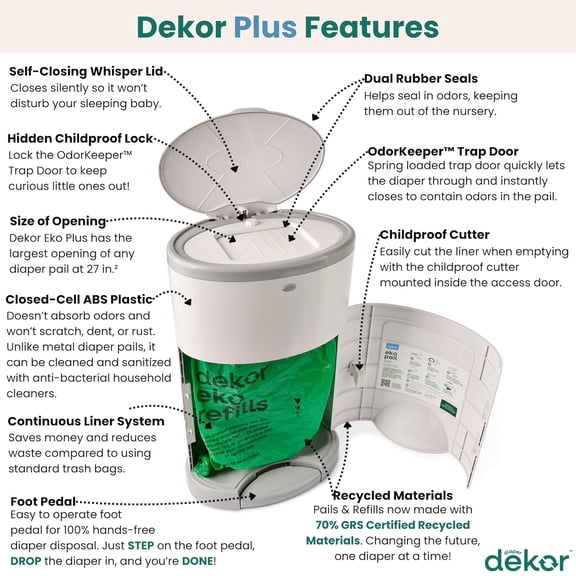 Plus Diaper Pail, White | -Friendly Step-Down with Refill System