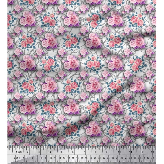 Soimoi Poly Georgette Fabric Leaves & Rose Floral Print Fabric by The Yard 42 Inch Wide