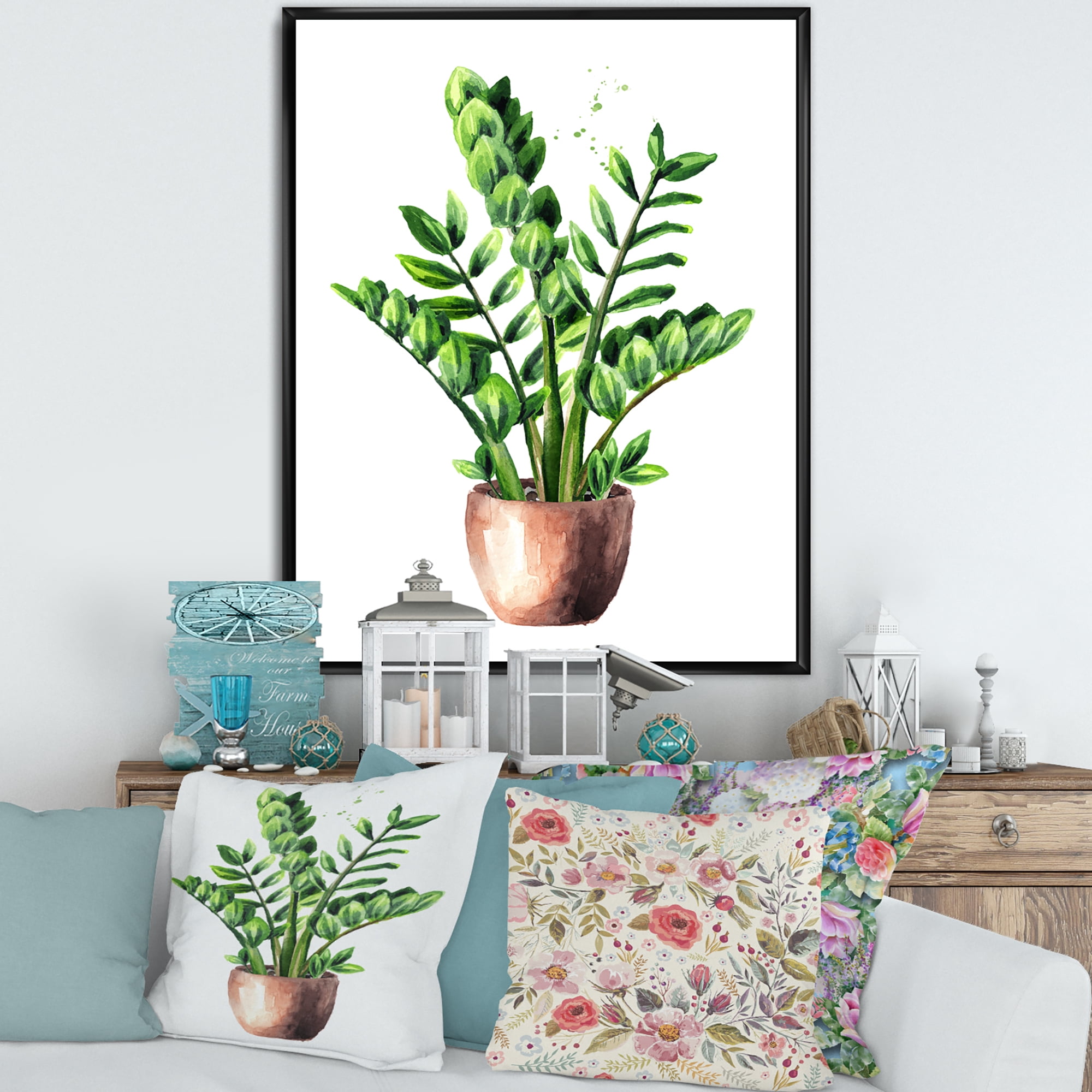 Designart 'Zamioculcas Tropical Plant With Green Leaves On White' Traditional Framed Canvas Wall Art Print