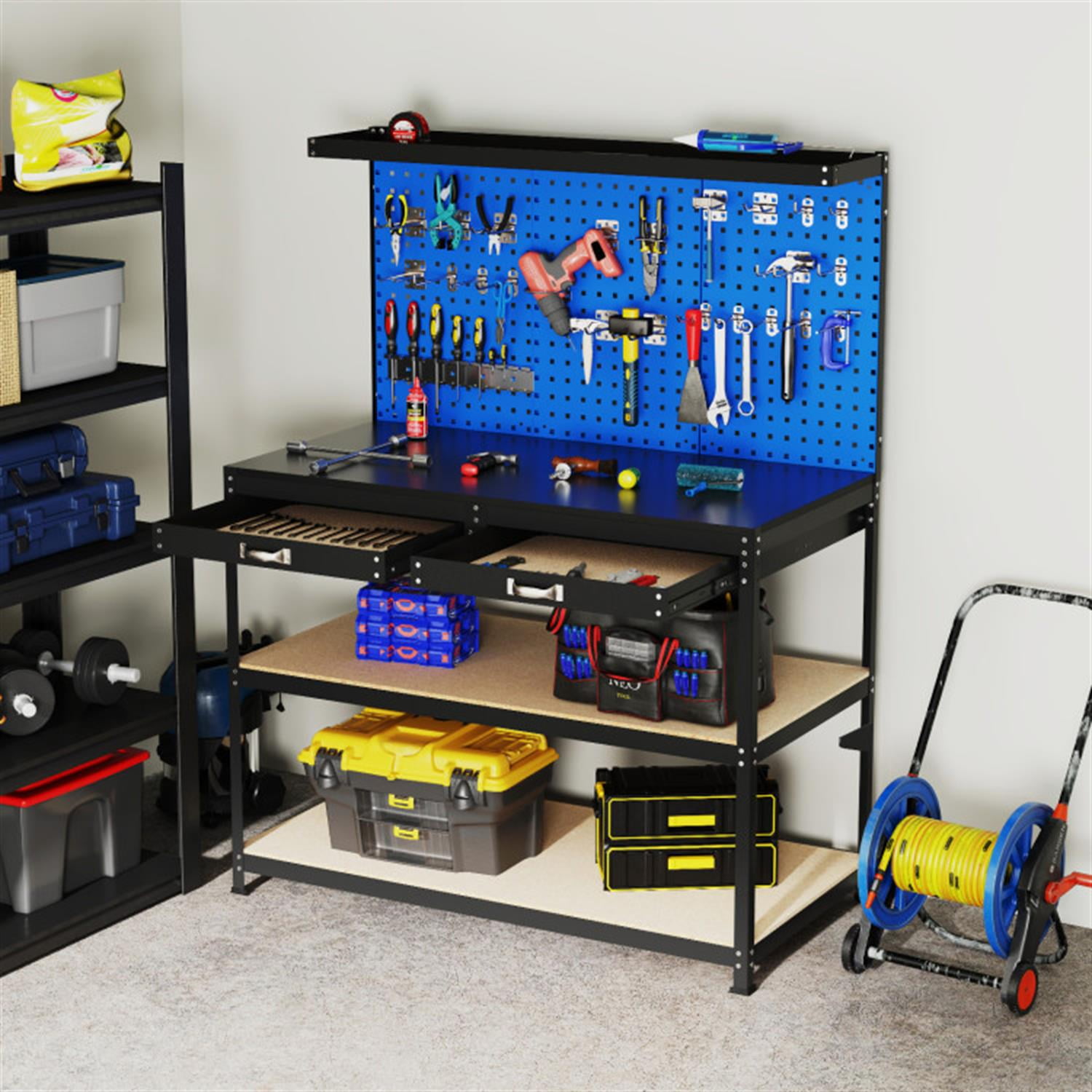 Demi Bonn 48" x 24" Workbench Work Table with 2 PCs Pegboard Drawer and Shelves, 4-Tier Heavy Duty Metal Tool Storage Bench for Garage, Workshop, Blue