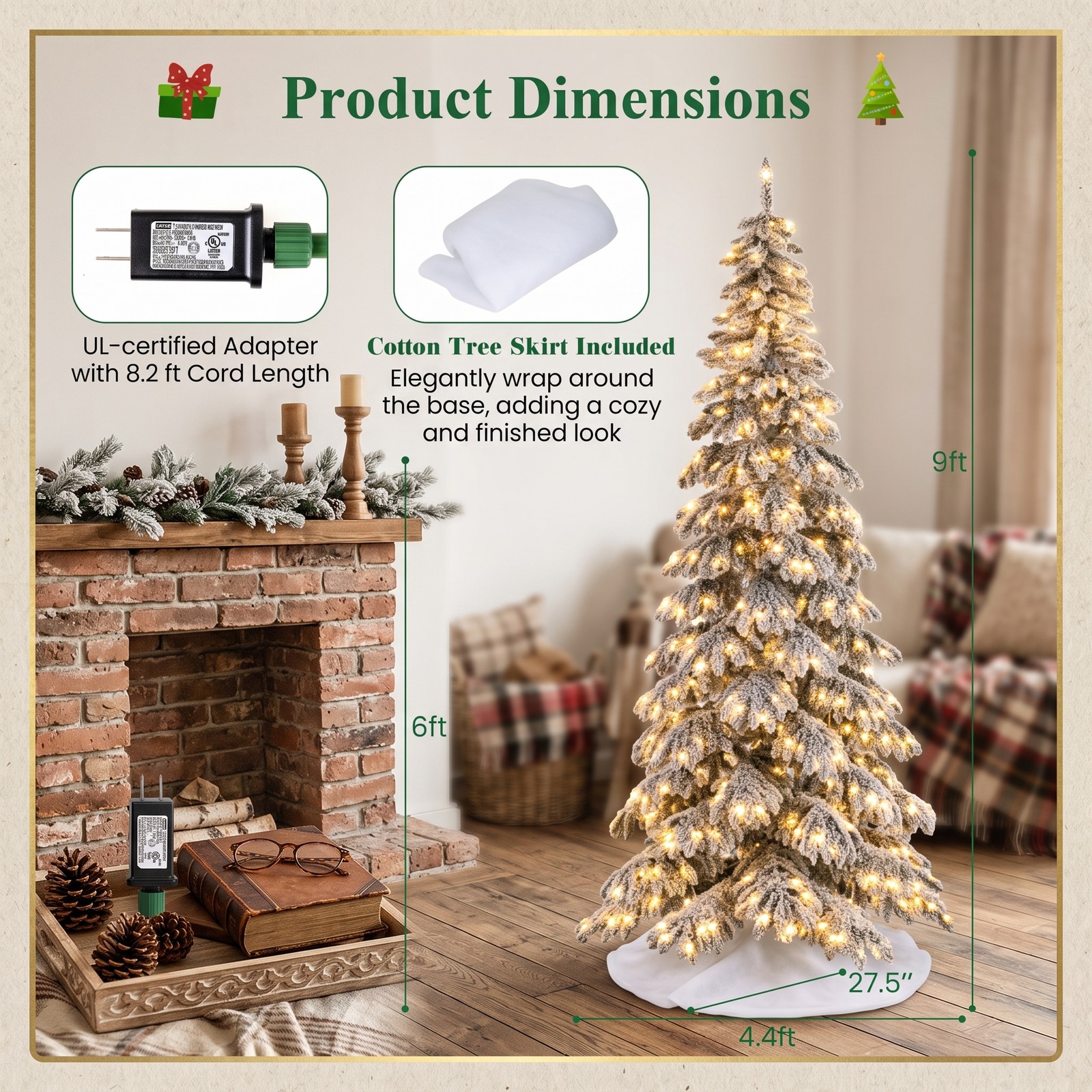 RUIE 9 FT Pre-Lit Artificial Christmas Tree, Snow Flocked Hinged Xmas Tree with 500 Warm White LED Lights, Quick Power Connectors and Foot Pedal Switch, Metal, White