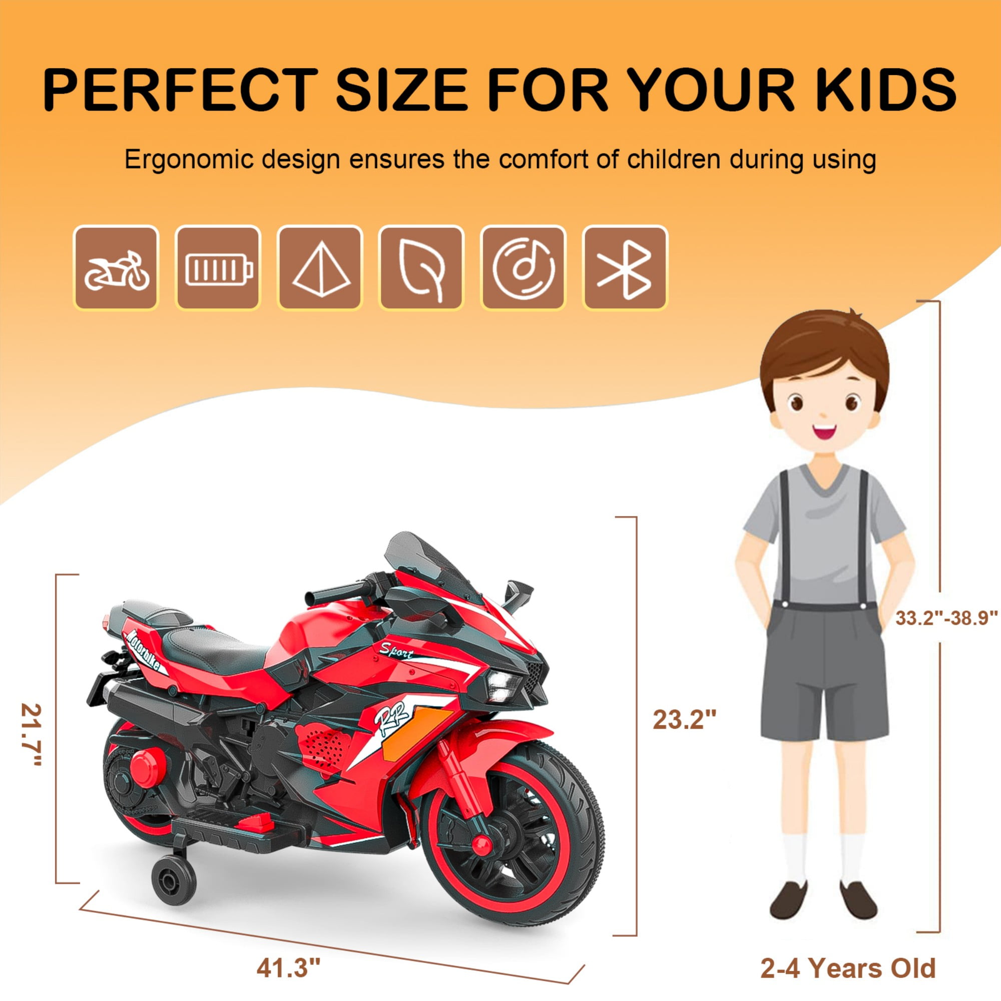 AJOOSOS Electric Motorcycle for Kids 3-5 Years Old, 4 MPH Max Speed, 12V 7AH Battery Powered, LED Lights, Bluetooth Music, Red