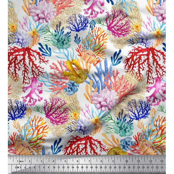 Soimoi Satin Silk Fabric Coral Ocean Fabric Prints by Yard 42 Inch Wide