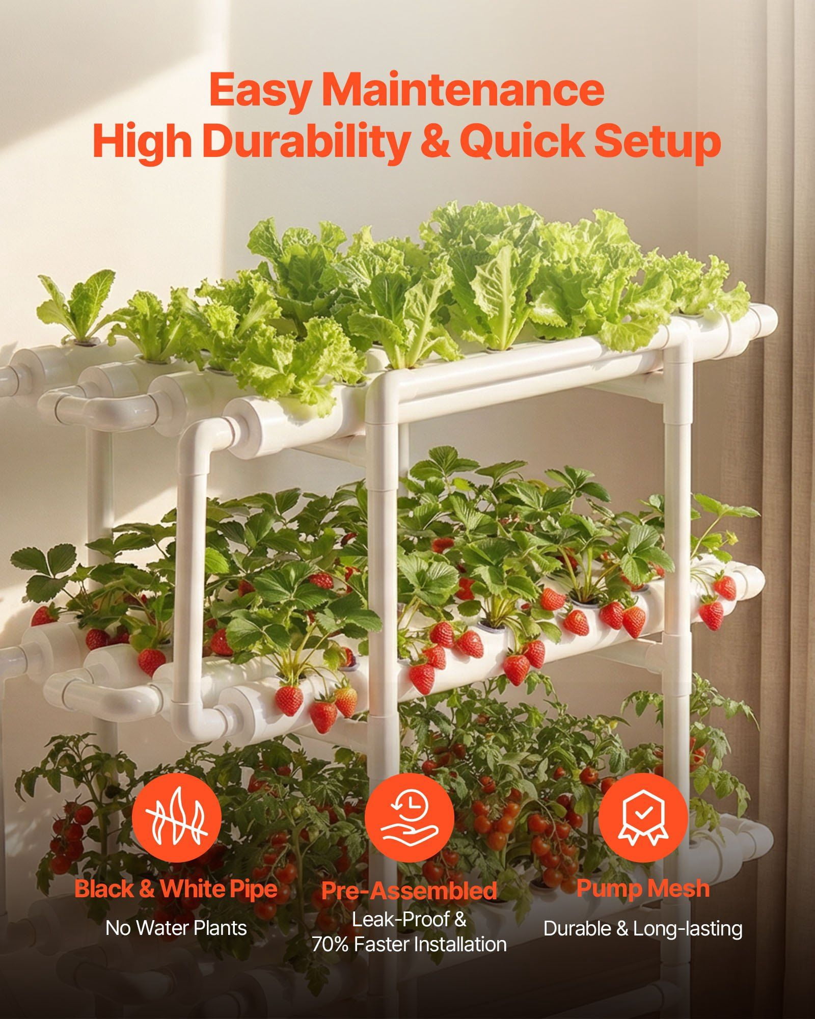 Hydroponics Growing System Kit, 3-Tier 108 Sites UPVC Pipe Hydroponic Grow Kit