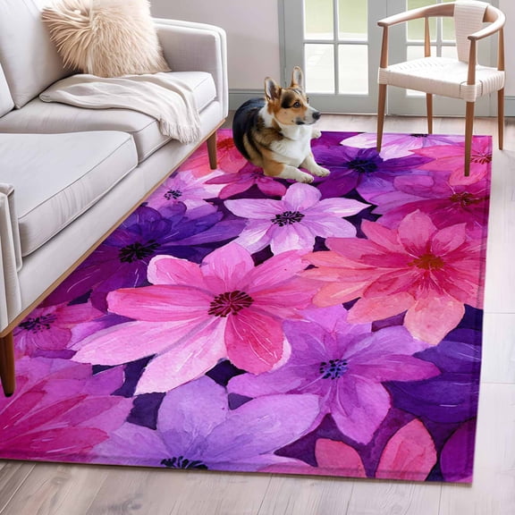 Rectangle Area Rugs 4 x 6 Ft, Watercolor Flowers Non-Slip Residential Carpet, Spring Floral Country Pink Purple Indoor Crawling Mats Runner Rugs for Living Room/Dining Room/Bedroom
