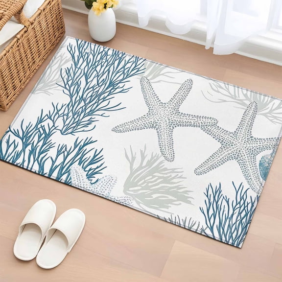 Starfish Coastal Bathroom Rug Washable 2x3 Entryway Rug Non Slip Nautical Ocean Summer Beach Coral Front Door Mat Low Pile Indoor Doormat Throw Floor Carpet for Kitchen Bedroom Entrance
