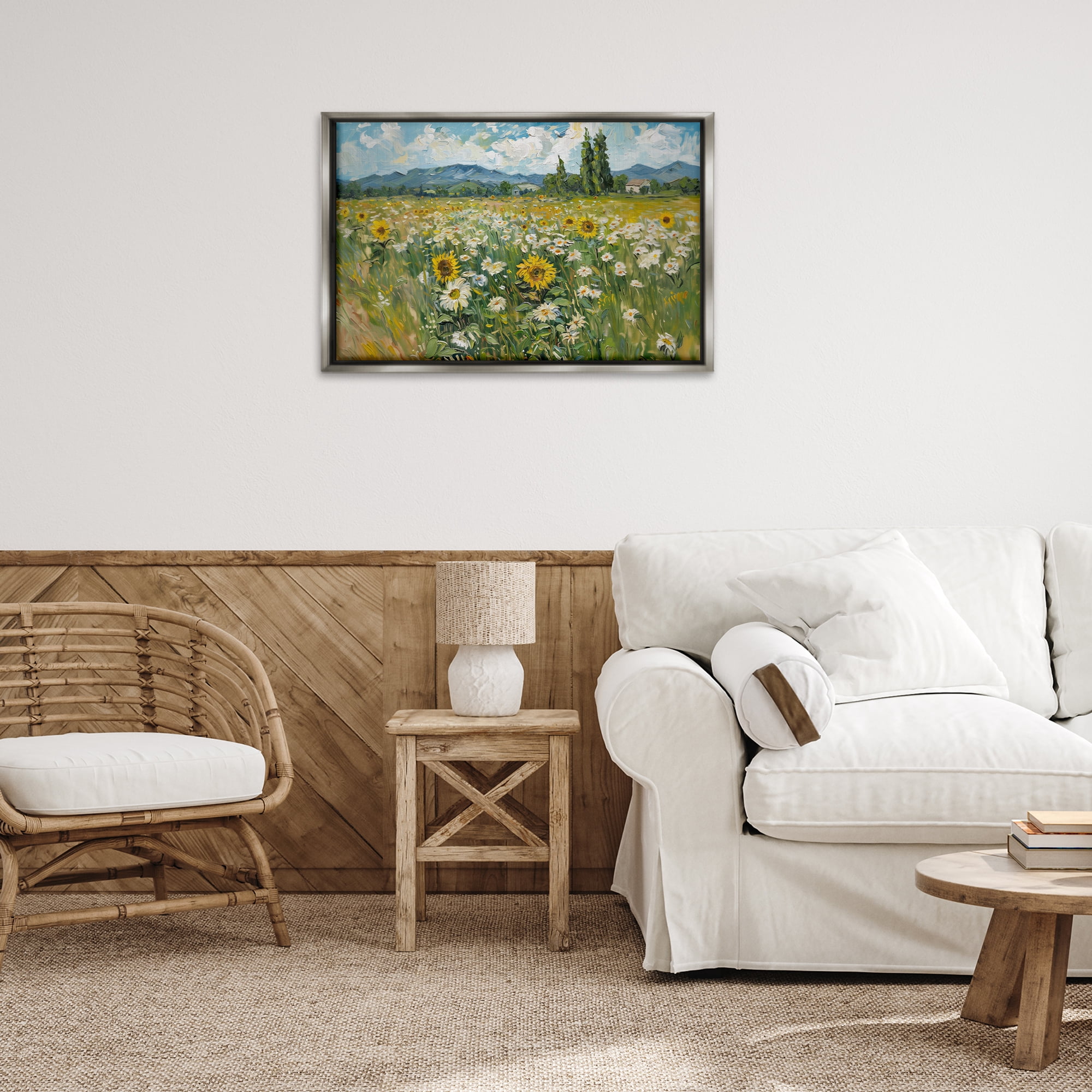 Stupell Industries Sunflower & Daisy Meadow Landscape & Nature Painting Gray Floater Framed Canvas Art Print Wall Art, 31 x 21