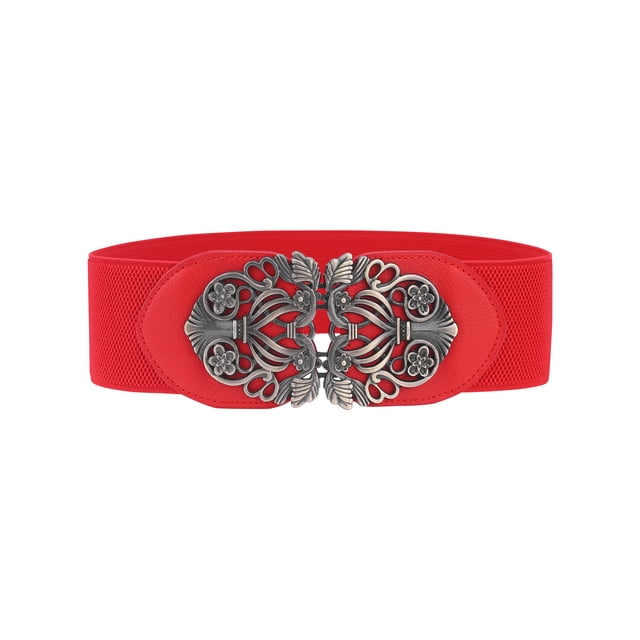 Cinturón elástico con hebilla entrelazada de metal tejido retro Inspire Chic, banda floral - Banda roja - Hebilla de bronce 29"-41"