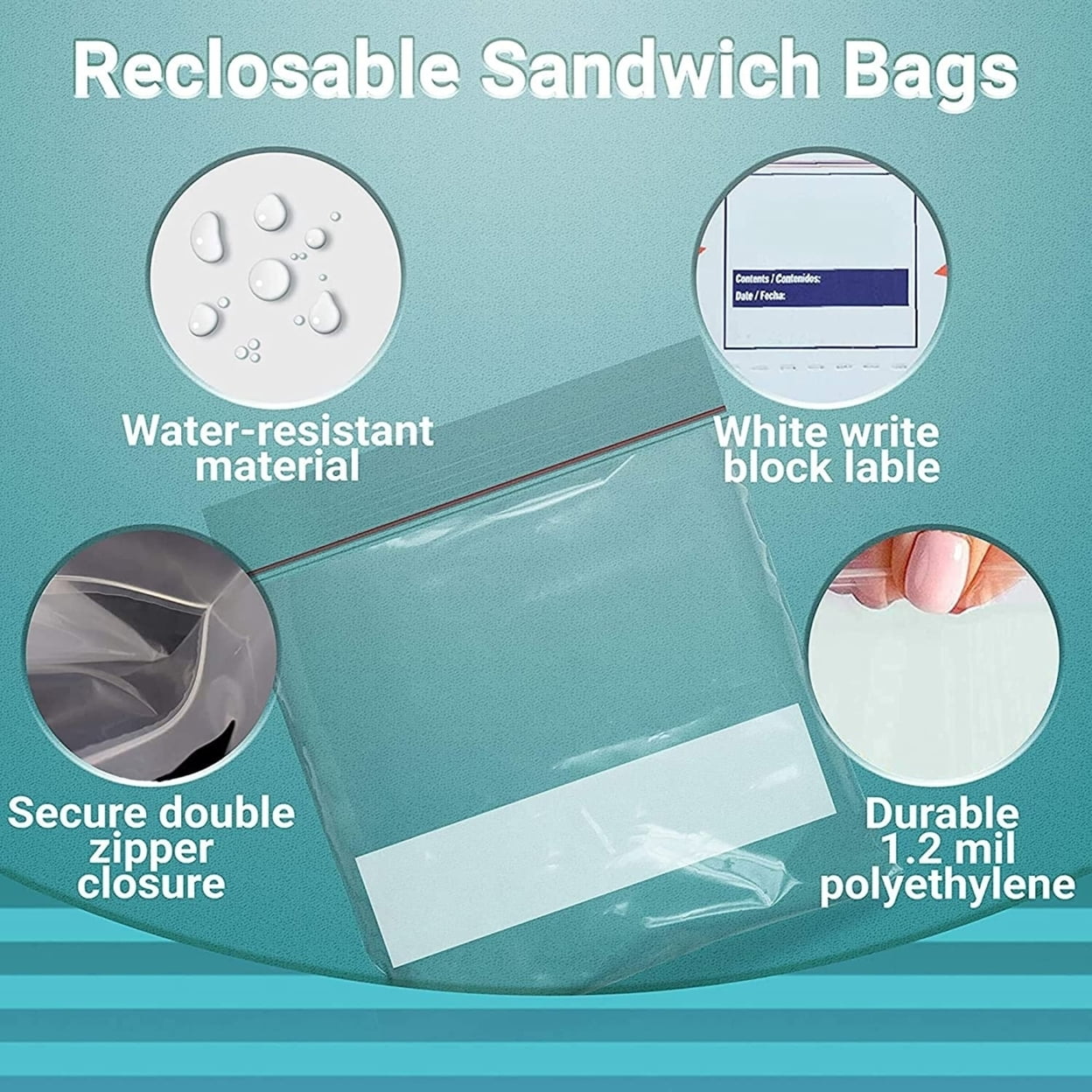 Clear Zipper Sandwich Bags 6.5 x 5.87 /w Write-On Block