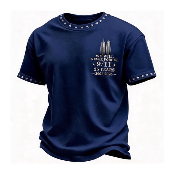 Men's 9/11 25th Anniversary Shirt Casual Short Sleeve Crew Neck Commemorative T-Shirt Vintage Graphic Print Memorial Tee Casual Summer Top Blue XL