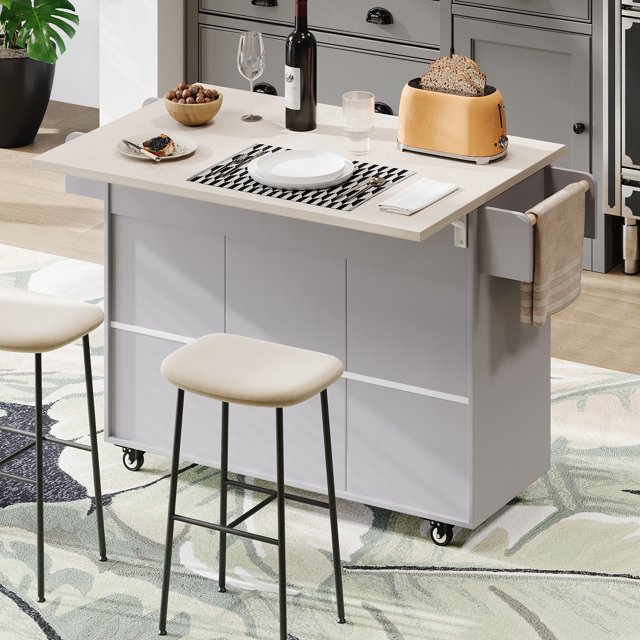 Kitchen Island with Till Out Trash Cabinet, Rolling Kitchen island with Storage Drop Leaf, Spice Rack, Towel Rack and Drawers, Kitchen Cart with Adjustable Shelf for Kitchen Dining, Grey