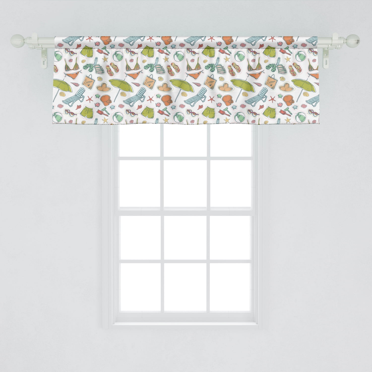 Ambesonne Flip Flop Window Valance, Hand Drawn Retro Summer Beach