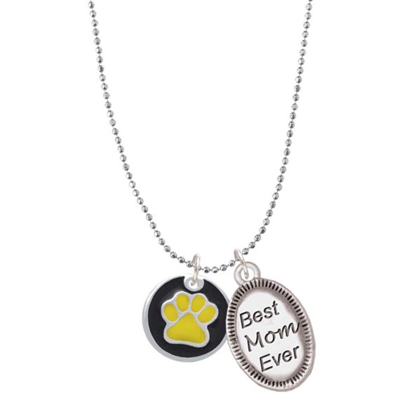 Delight Jewelry Silvertone Yellow Paw on Black Disc Best Mom Ever Charm Necklace