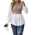 thumbnail image 2 of Camisa de Mujer con Botones y Diseño Patchwork, Larga, Cuello Redondo, Dos en , de Punto Canalé, con Volantes. Caqui L, 2 of 8