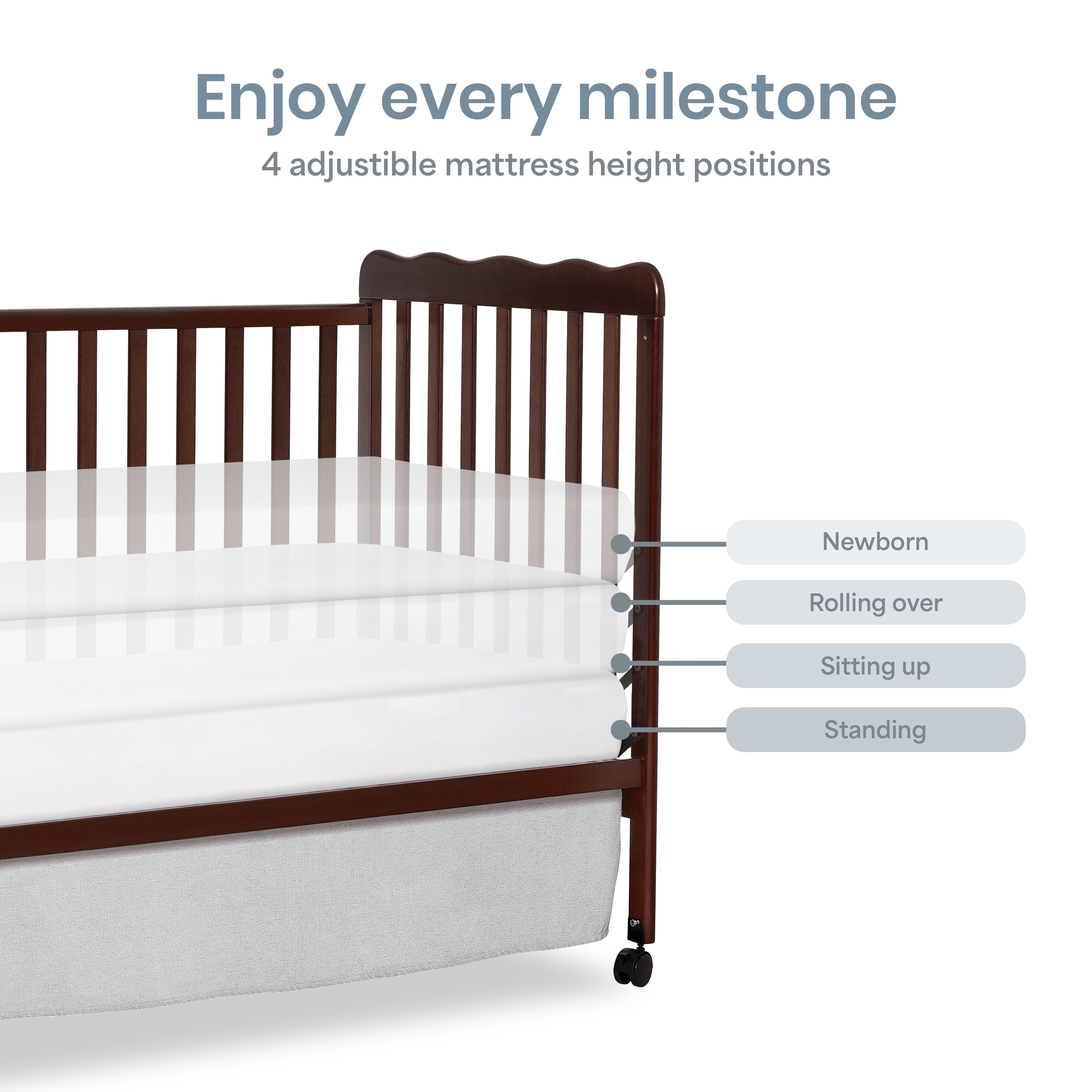 Dream On Me Carson Classic 3-in-1 Portable Crib in Espresso, Removable Wheels, Converts from Baby Crib to Toddler Bed, Day Bed and Kids Sofa, Three Adjustable Mattress Height Positions