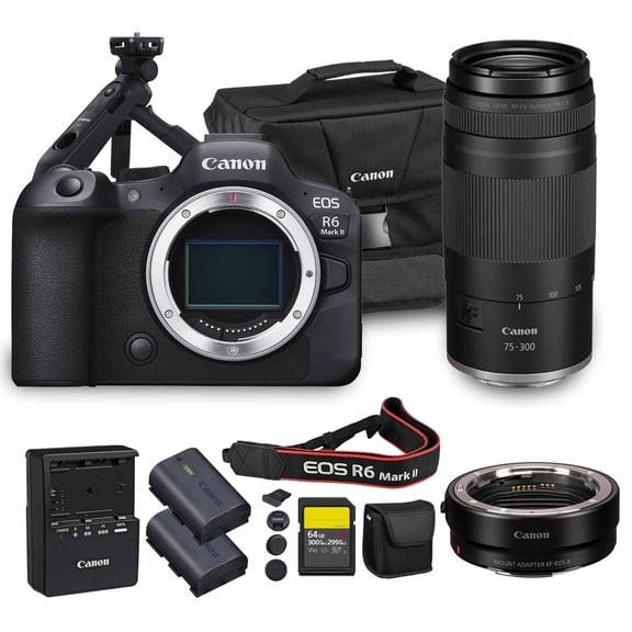 Canon EOS R6 Mark II Mirrorless Camera| 24.2MP Full Frame Sensor 4K 60p Video| Dual Pixel AF In-Body Stabilization for Pros(5666C002)   Canon RF 75-300mm Lens   Adapter EF-EOS R   Tripod Grip   More