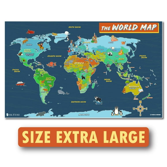 The World maps for Kids Wall Poster Extra Large Laminated (24x36) Young and Refined