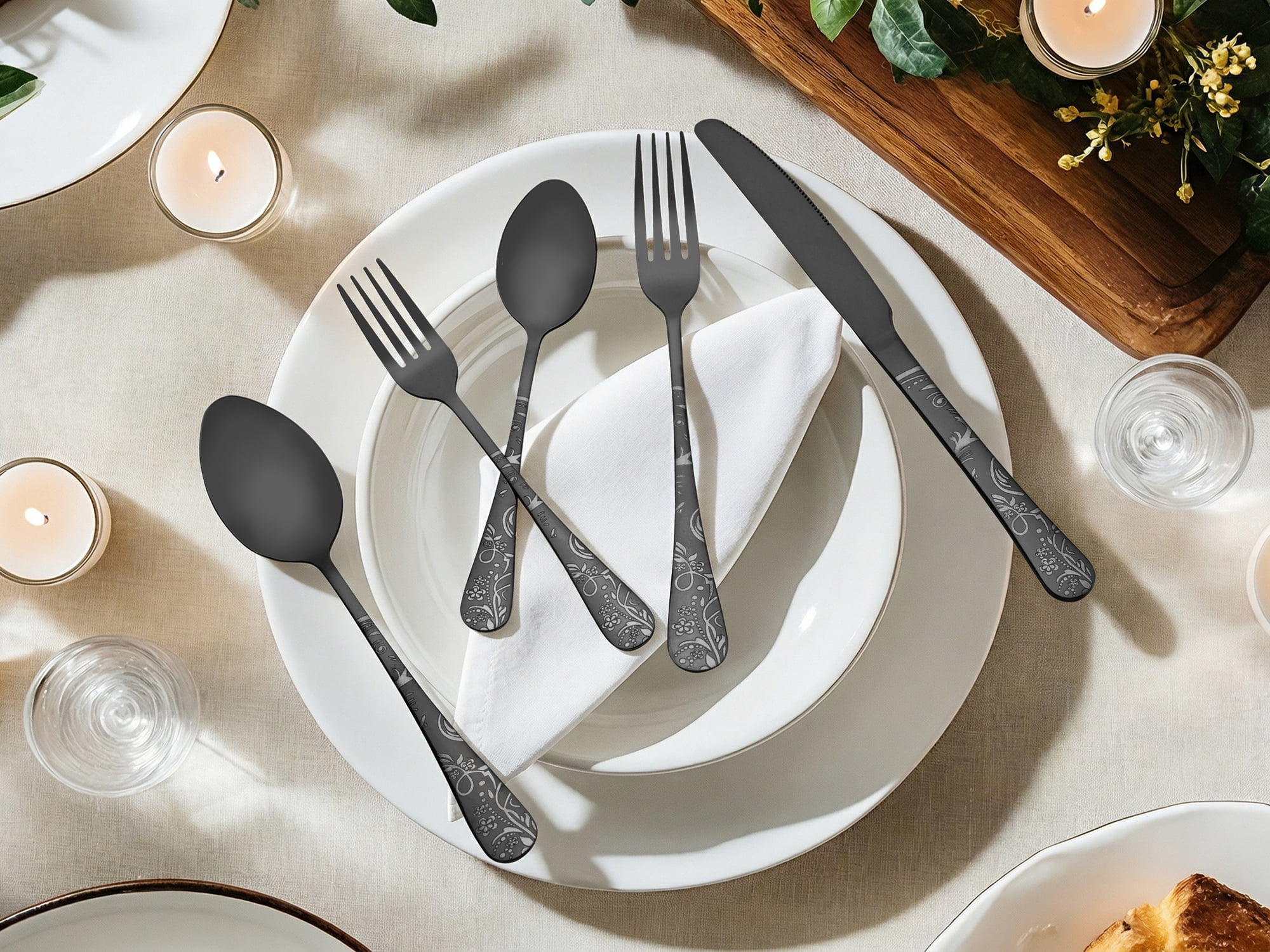 Unique Bargains 20 Piece Stainless Steel Floral Flatware Silverware Set for 4 Black