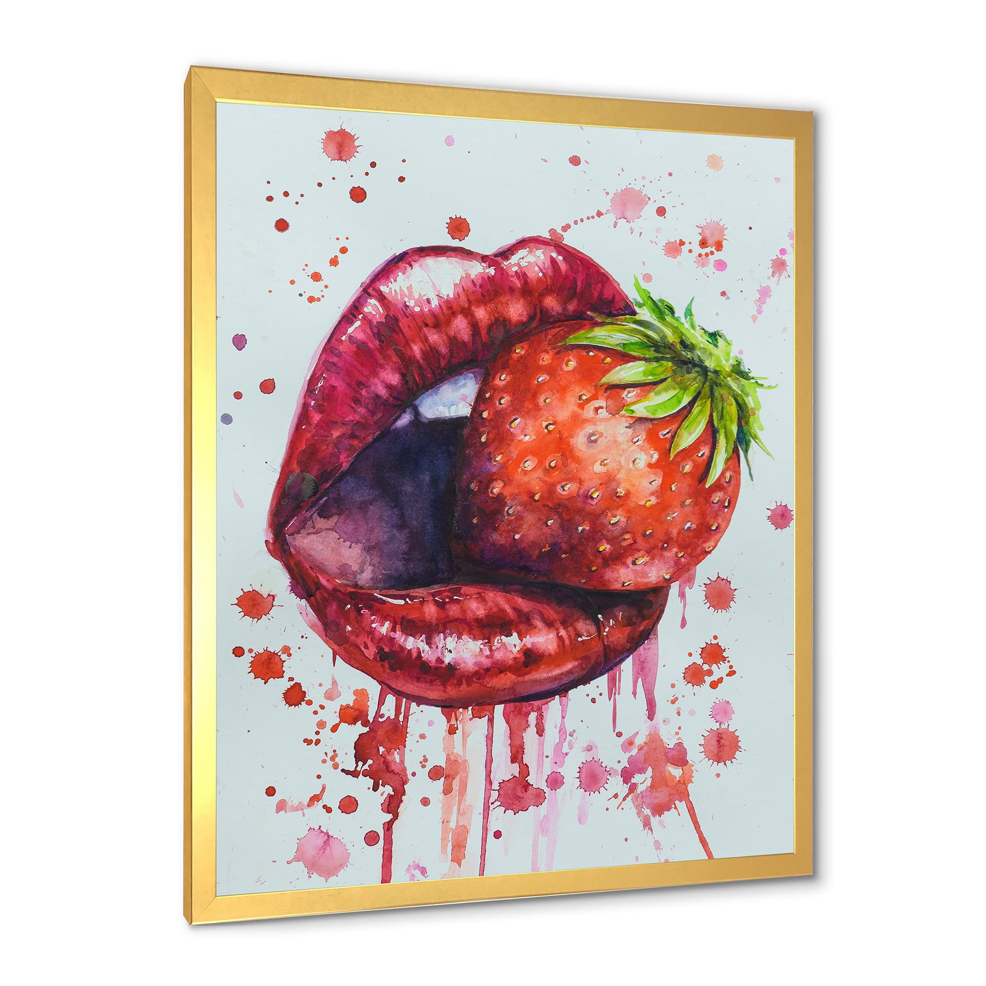Designart 'Red Girl Lips Eating A Strawberry' Modern Framed Art Print
