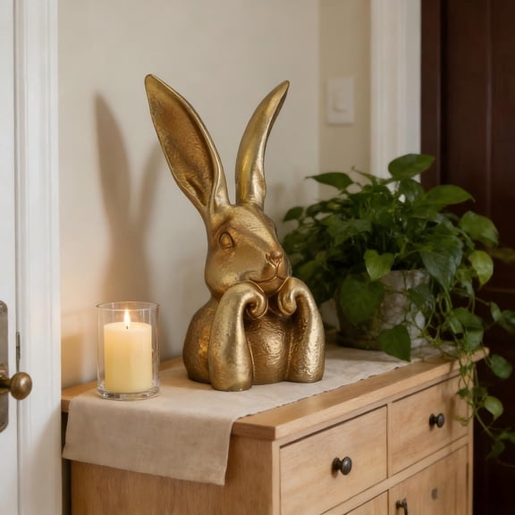 FYHALE 2026 New Easter Bunny Decor, 8 Inch Gold Resin Bunny Table Decor, Easter Bunny Figurine for Home Table Centerpieces Golden Cute Rabbit Statue for Living Room Shelf Mantel Decorations