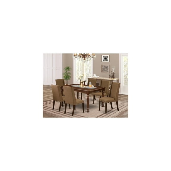 7-Piece Dining Set - Solid Wood Table & 6 Parson Chairs - Mahogany Finish