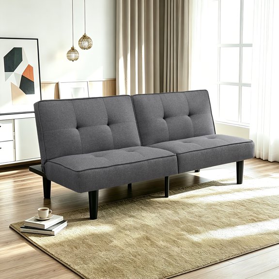 Mainstays 67'' Studio Futon Sofa Bed, Upholstered Folding Sleeper Couch with Adjustable Backrest, Grey Linen