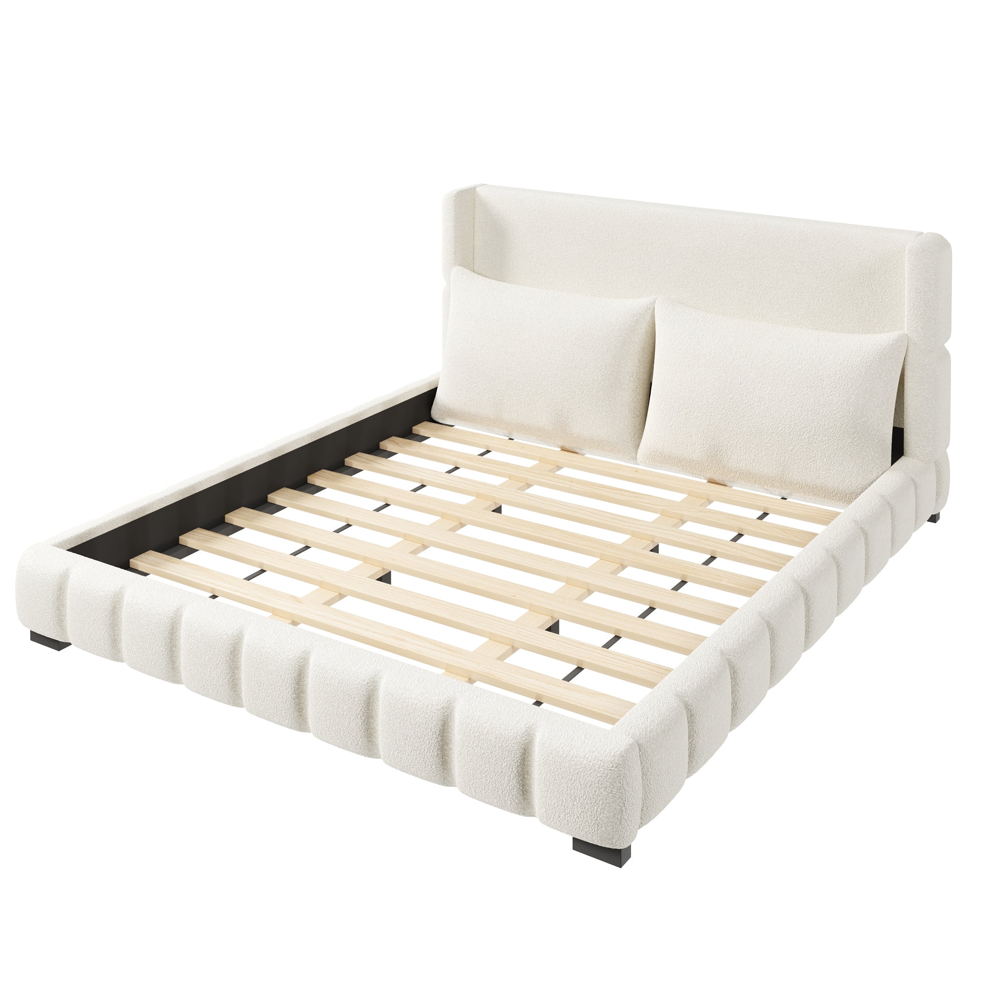 Euroco Velvet Upholstered King Size Platform Bed with Wingback Headboard and Pillows, White