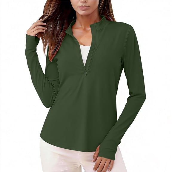 Women's Quarter Zip Sun Shirt UPF 50 Long Sleeve Athletic Top with Thumb Holes for Running Golf Fitness and Walking Exercise