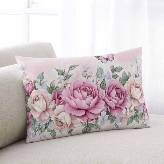 Watercolor Pink Floral Standard Size Pillow Cover,Pillowcase Protectors with Zipper,Breathable Decorative Throw Pillow Case Cover,Spring Romantic Roses Butterfly Pillow Shams for Couch Sofa 20x26Inch