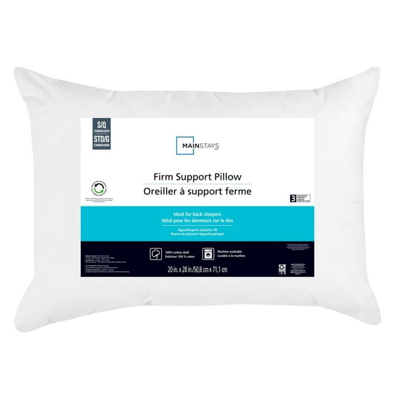 Mainstays Firm Support Bed Pillow, S/Q- Cotton Cover, Back Sleeper