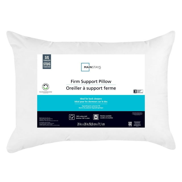 Mainstays Firm Support Bed Pillow, S/Q- Cotton Cover, Back Sleeper