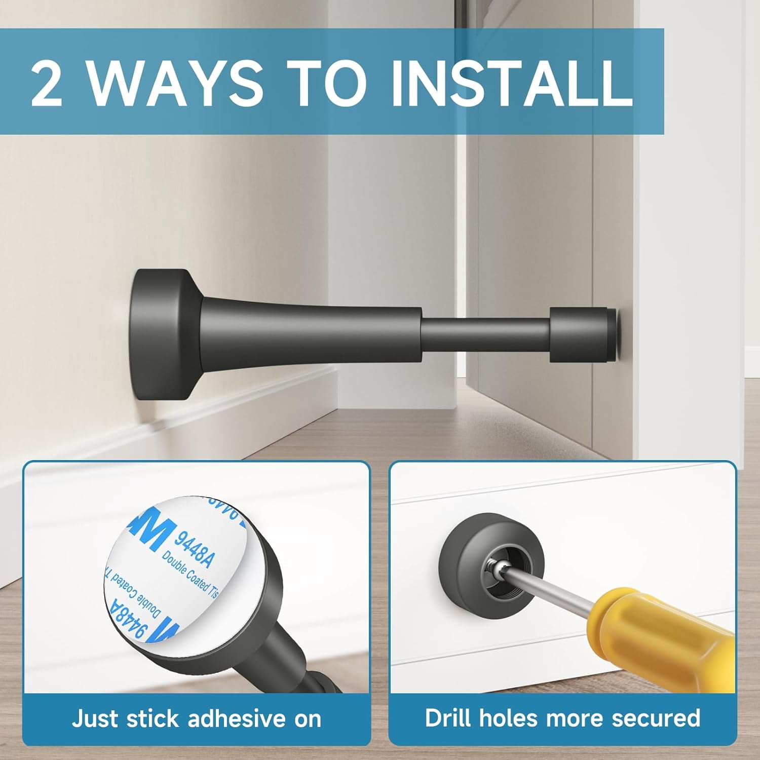 JJEAN-4PCS Spring Door Stoppers for Wall - 4.33 Inch Door Stop for Bottom of Door, Aluminum Doorstops with Silicone Tip, Screw & Adhesive Installation, Gray