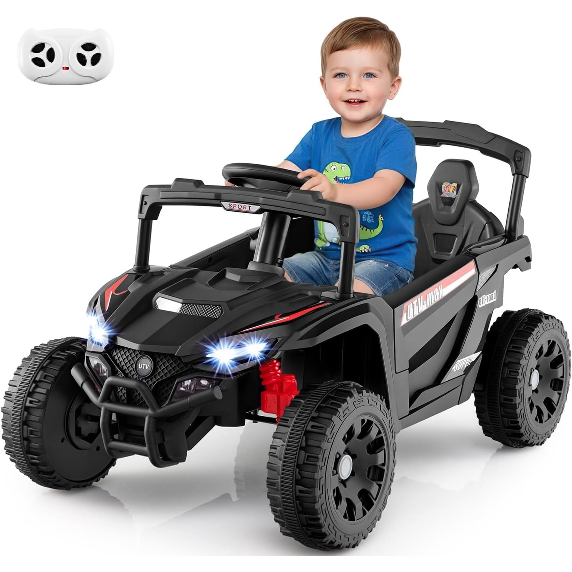 OLAKIDS 12V Ride on Car UTV, Electric Off-Road Truck with Remote Control, Lockable Doors, Safety Belt, Horn, Music, Lights, 4 Wheeler Toys for Kids Toddlers Aged 3+ Years