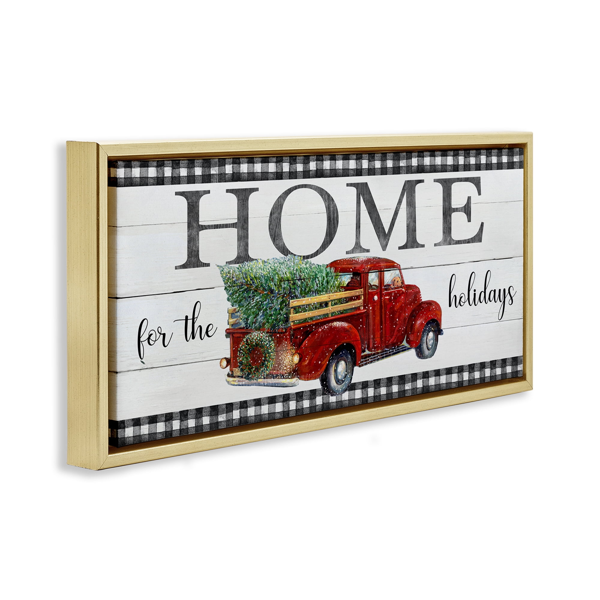 Stupell Industries Home For Holidays Truck Holiday Painting Gold Floater Framed Canvas Art Prints Wall Art, 31 x 14