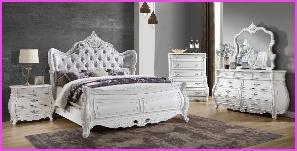 King Size Solid Wood Bed Frame with Tufted Velvet Headboard & Ornate Carvings Pearl White for Master Bedroom