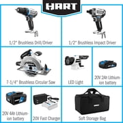 HART 20 Volts 4-Tool Brushless Combo Kit, (1) 2.0Ah and (1) 4.0Ah Lithium-Ion Battery