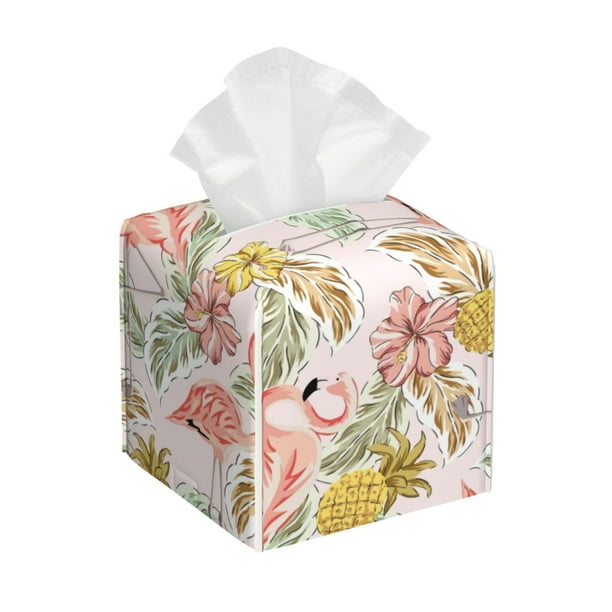 Fotbe Tropical Flamingo Pineapple Porta Pañuelos Decorativo de Cuero, Caja Cuadrada Moderna para Pañuelos Faciales, Organizador y Dispensador 5x5x5''