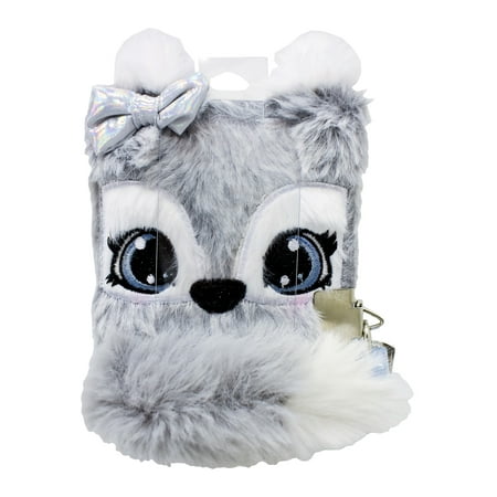 Claire's Childrens Fluffy Silver and Grey Fox Blank Diary with Lock and Key, 100 Pages