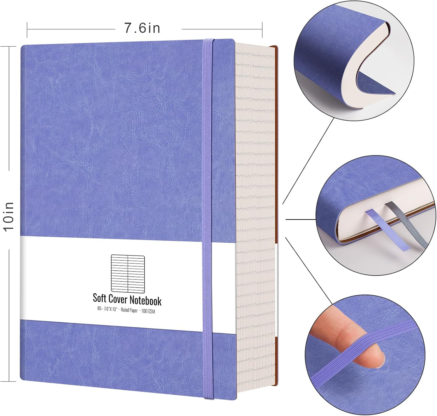 Lined Journal Notebook - 320 Numbered Pages Leather Journal for Women, 100gsm Thick College Ruled Paper, Large B5 Softcover Journal for Writing Work School, 7.6'' X 10''-Purple